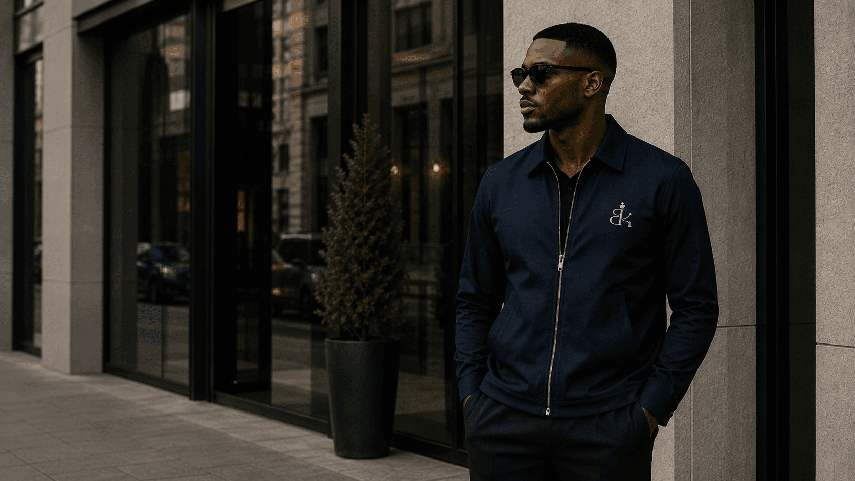 Man wearing the Blendko Signature Zip Jacket in navy on a city street
